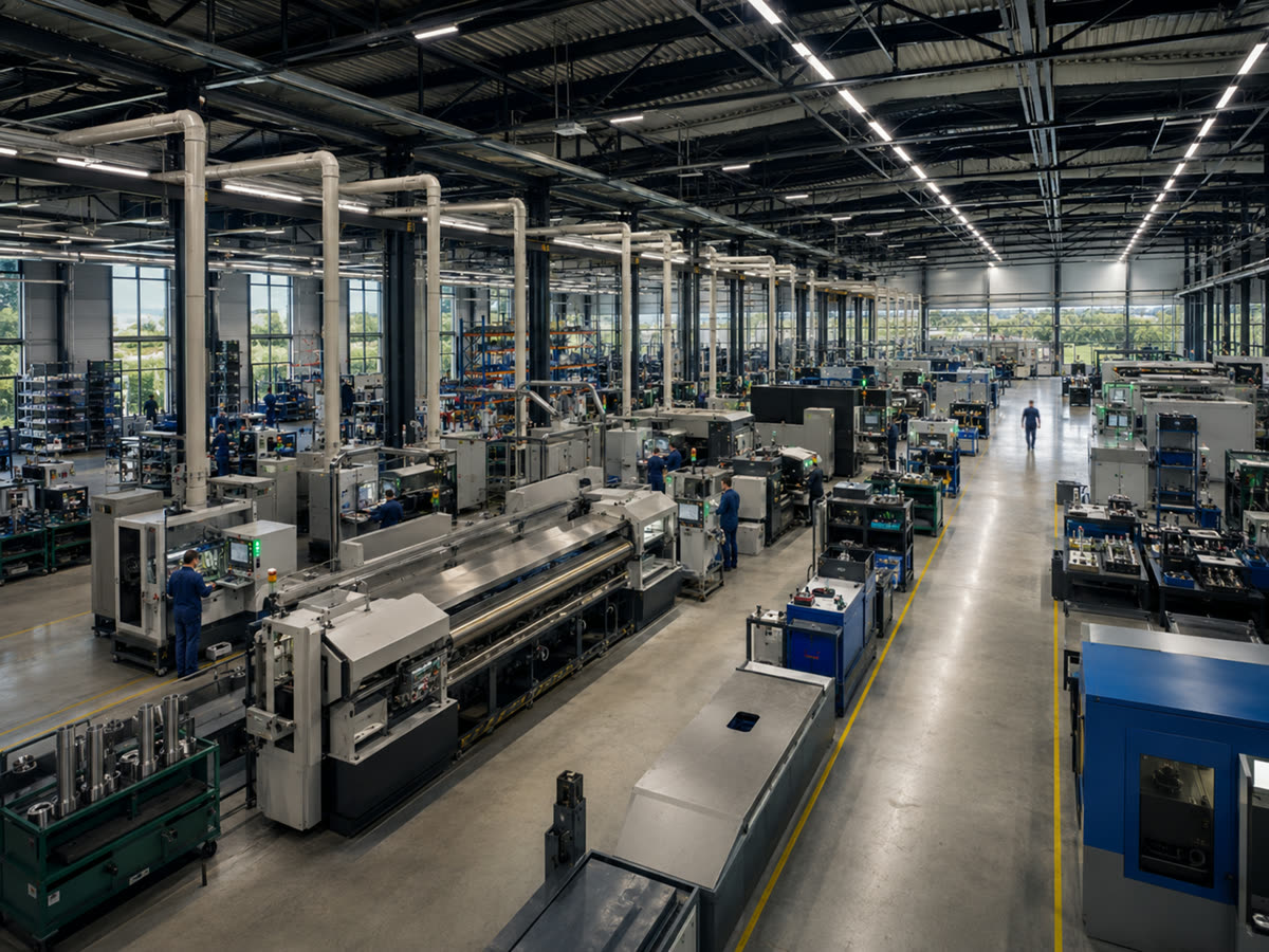 A machine-shop floor with CNC lines and workbenches
